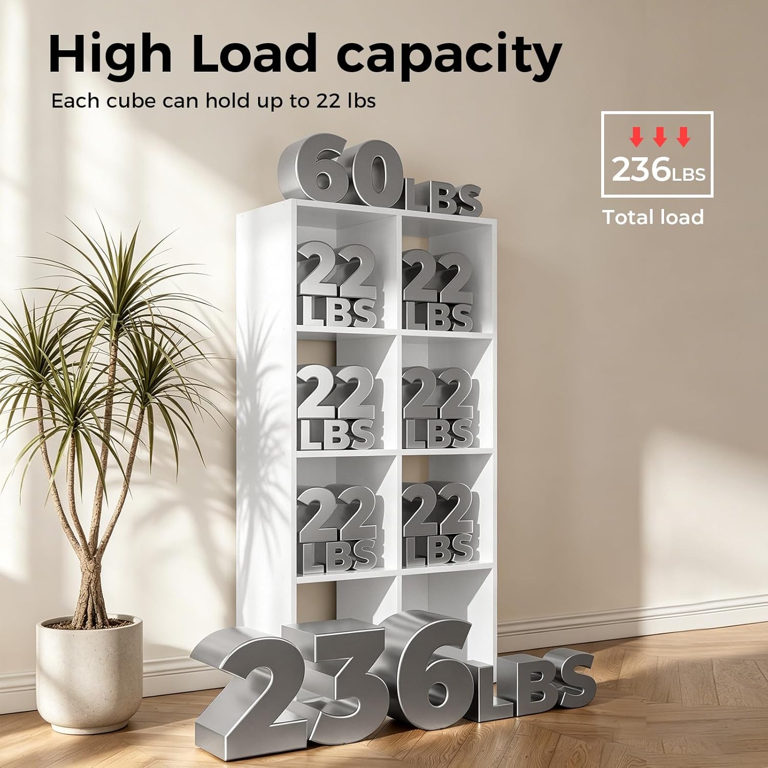 LUCKLIFE 8-Cube Storage Organizer, Stackable Modular Bookcase Shelf with Vertical or Horizontal Use, Fits 11×11" Bins, Optional Back Panels, for Living Room, Office, White