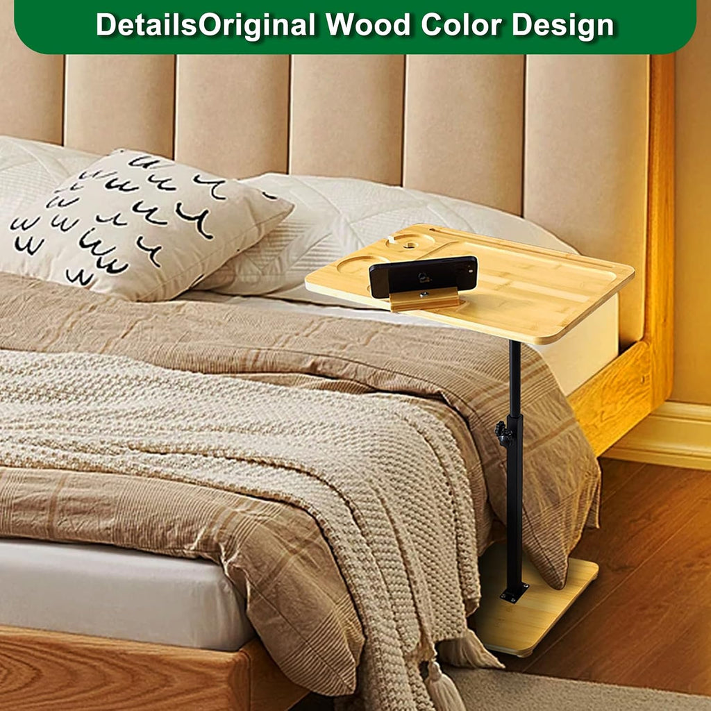 TV Tray Table 360° Swivel Sofa Couch Armrest Tray Bamboo Side Table C Shaped End Table for Small Spaces Snack Dinner Bed Eating Couch Tables That Slide Under