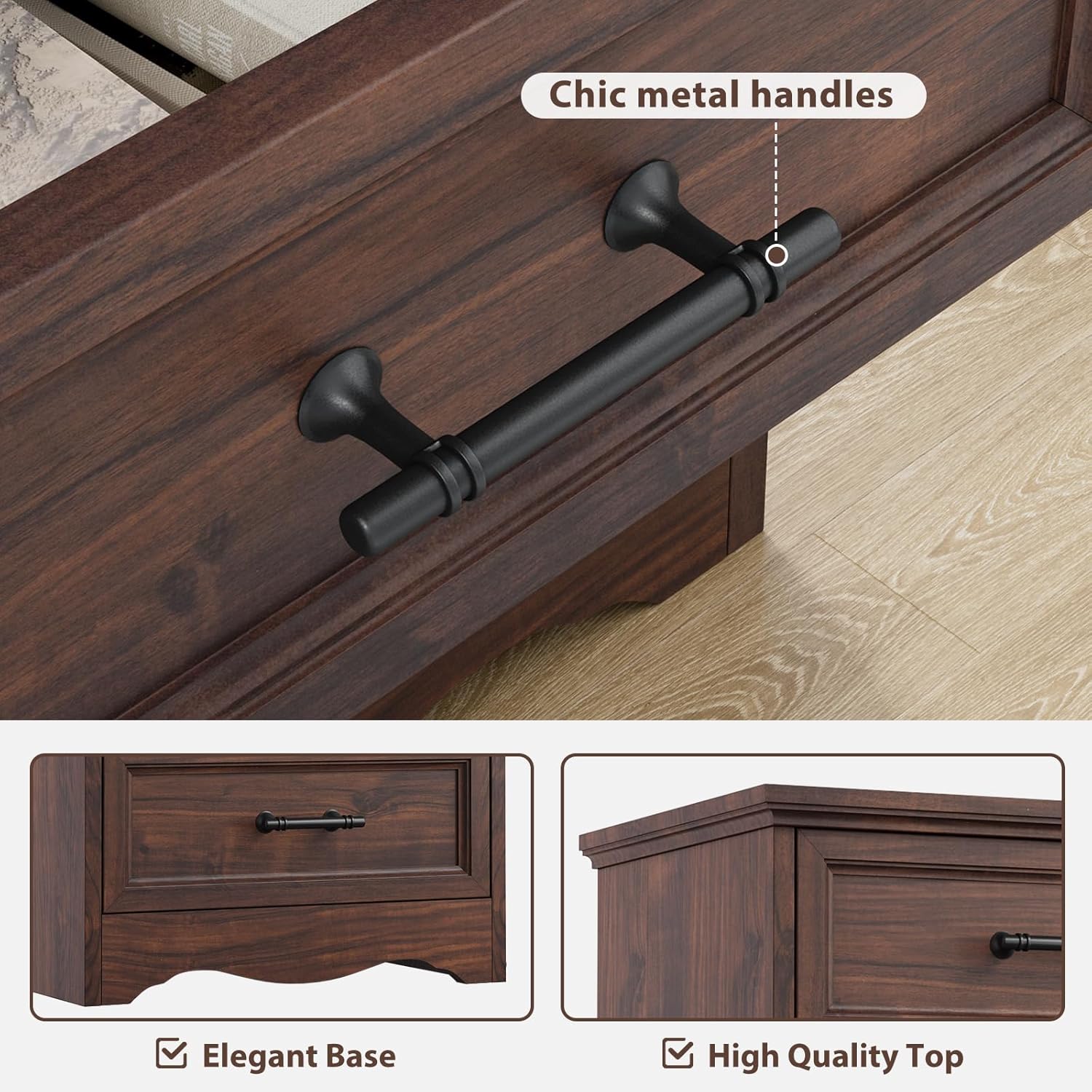 Walnut Night Stand with Charging Station, Farmhouse Bedside Table & End Table with 3 Drawers and Unique Base Design, Wood Nightstand with Metal Handles for Bedroom, Living Room