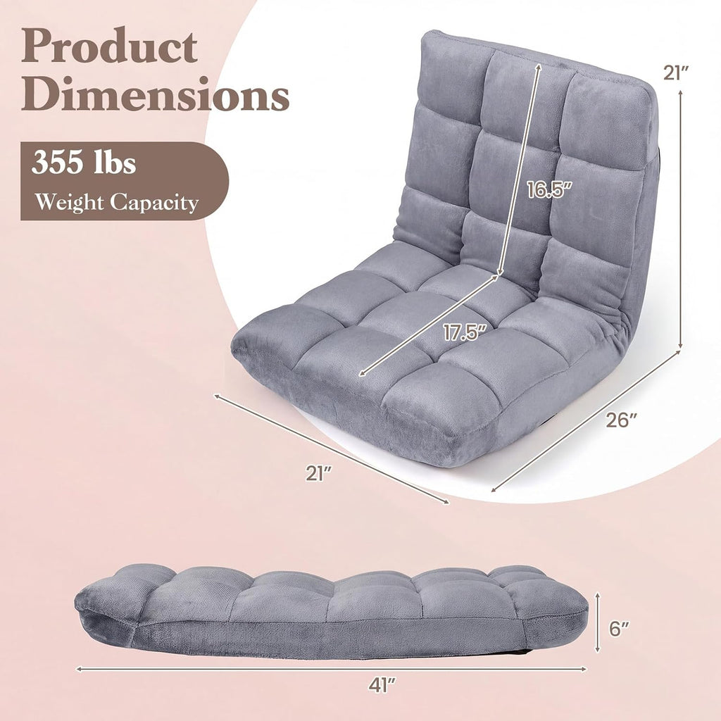 COSTWAY Floor Chair, 14 Positions Adjustable Floor Gaming Chair with Back Support, Flannel Fabric, Folding Floor Seating Lounger for Adults &Kids, Living Room (Grey)