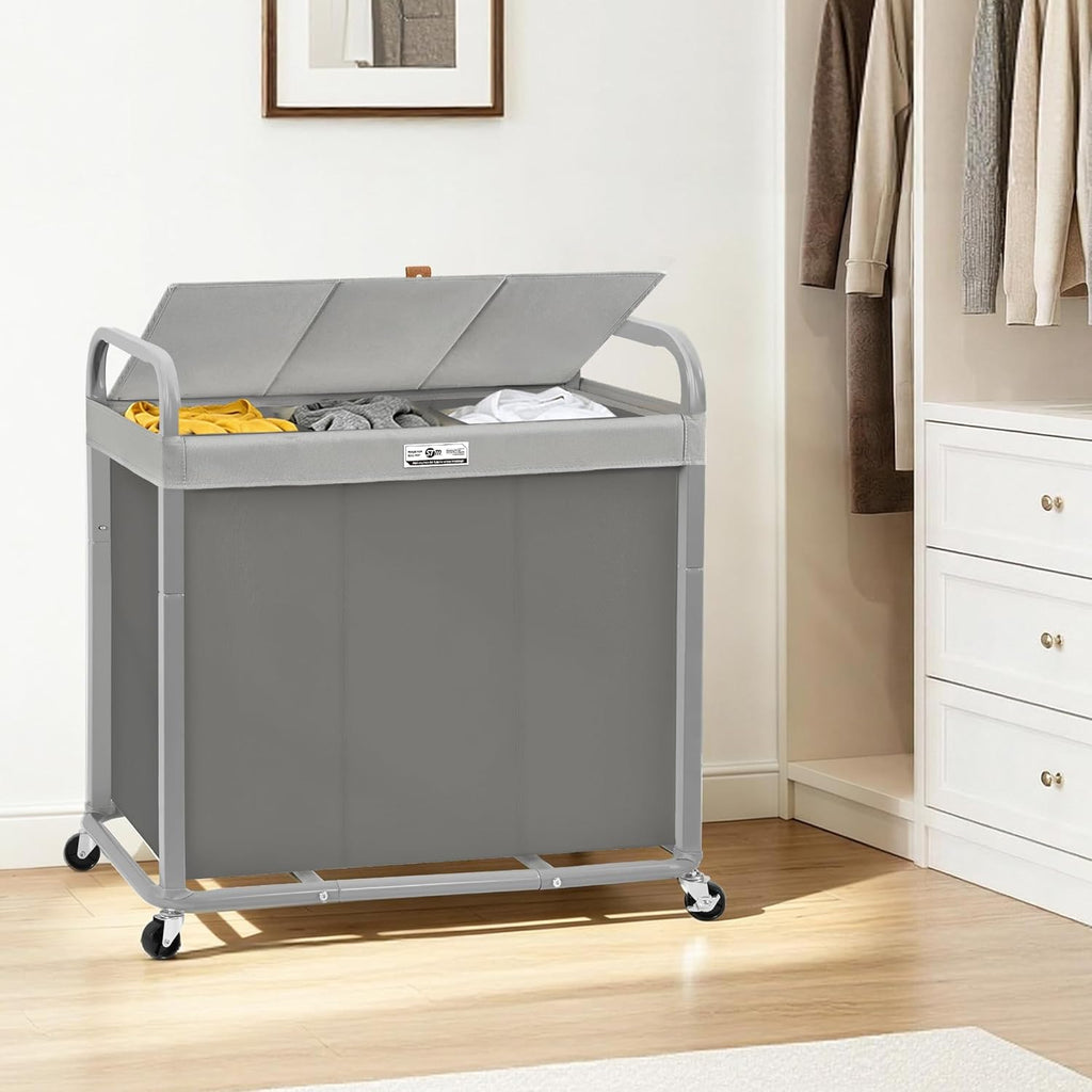 STORAGE MANIAC 3 Section Laundry Sorter, 60 Gal. Laundry Hamper Cart with Heavy Duty Rolling Lockable Wheels and Removable Bags, Clothes Organizer Basket Clothes Separator Hamper, Gray with Lid