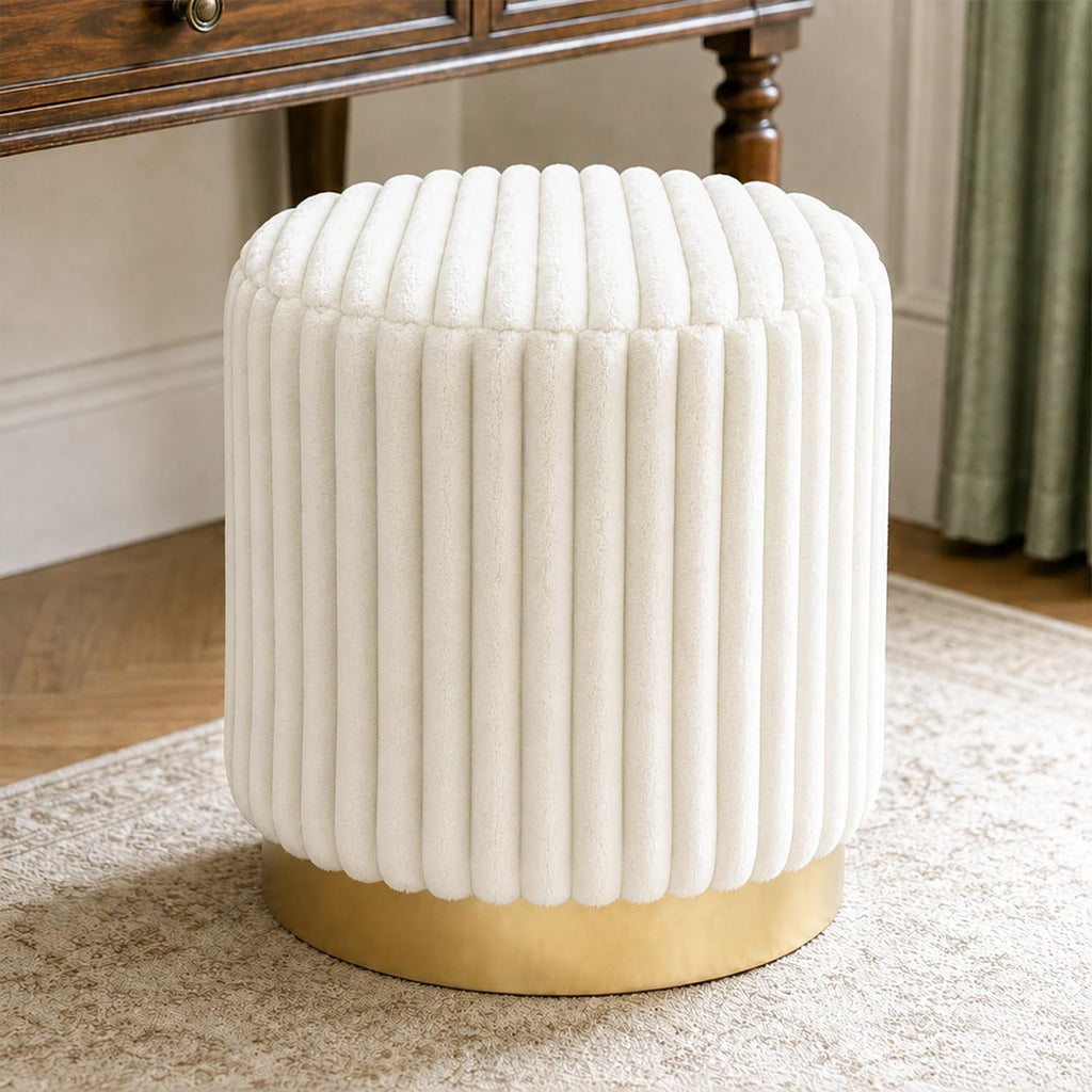 Round Ottoman Stool, Fur-Like Upholstered Small Ottoman Foot Rest with Gold Stainless Steel Plinth Base, Modern Vanity Stool for Living Room, Bedroom, Entryway, White