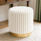 Round Ottoman Stool, Fur-Like Upholstered Small Ottoman Foot Rest with Gold Stainless Steel Plinth Base, Modern Vanity Stool for Living Room, Bedroom, Entryway, White