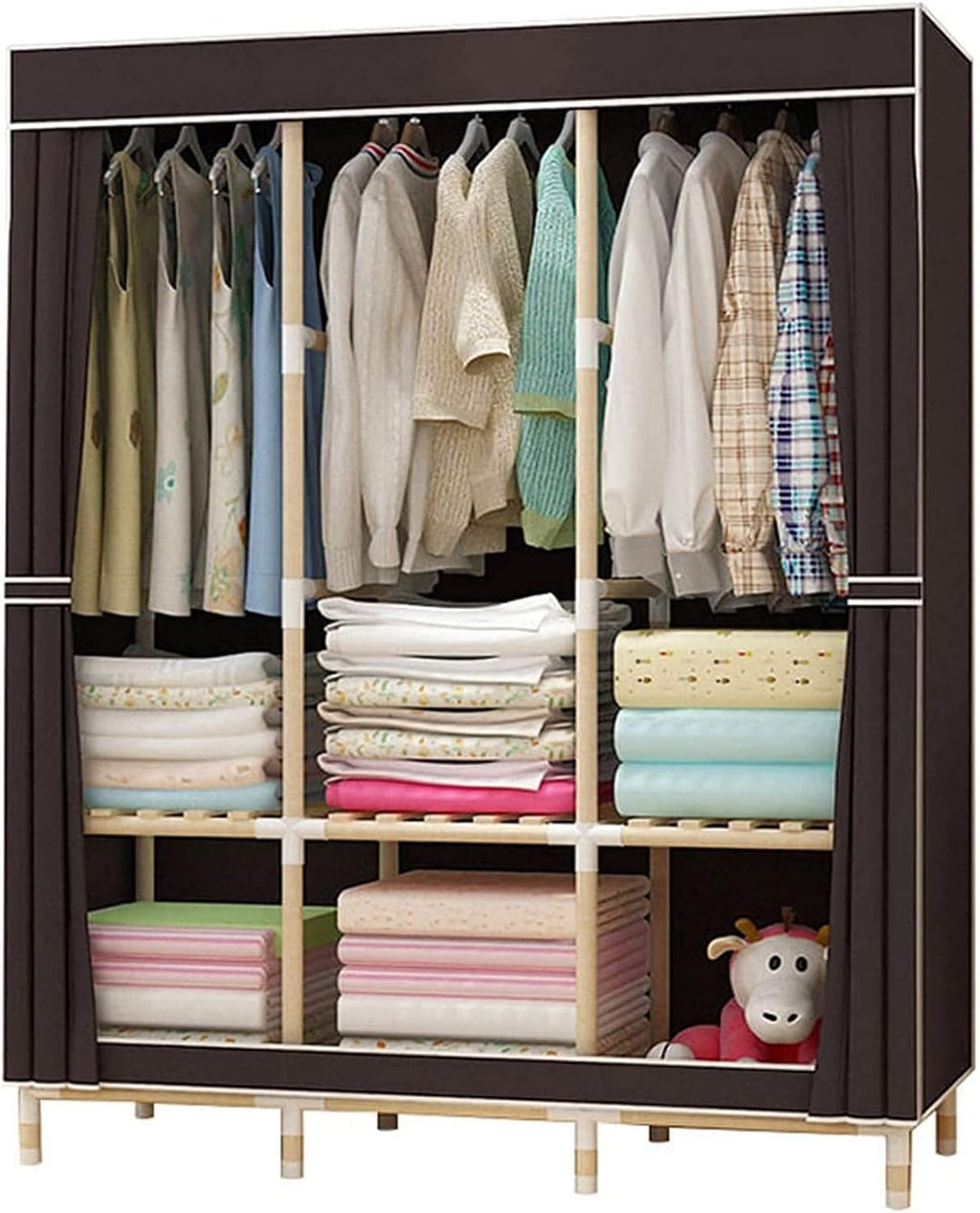 Portable Wardrobe Cloth Wardrobe Solid Wood Folding Wardrobe Doors,Portable Assembly Canvas Effect Wardrobe Solid Color Fabric Clothes Storage Rack,D,126 * 170 * 45cm Cloth