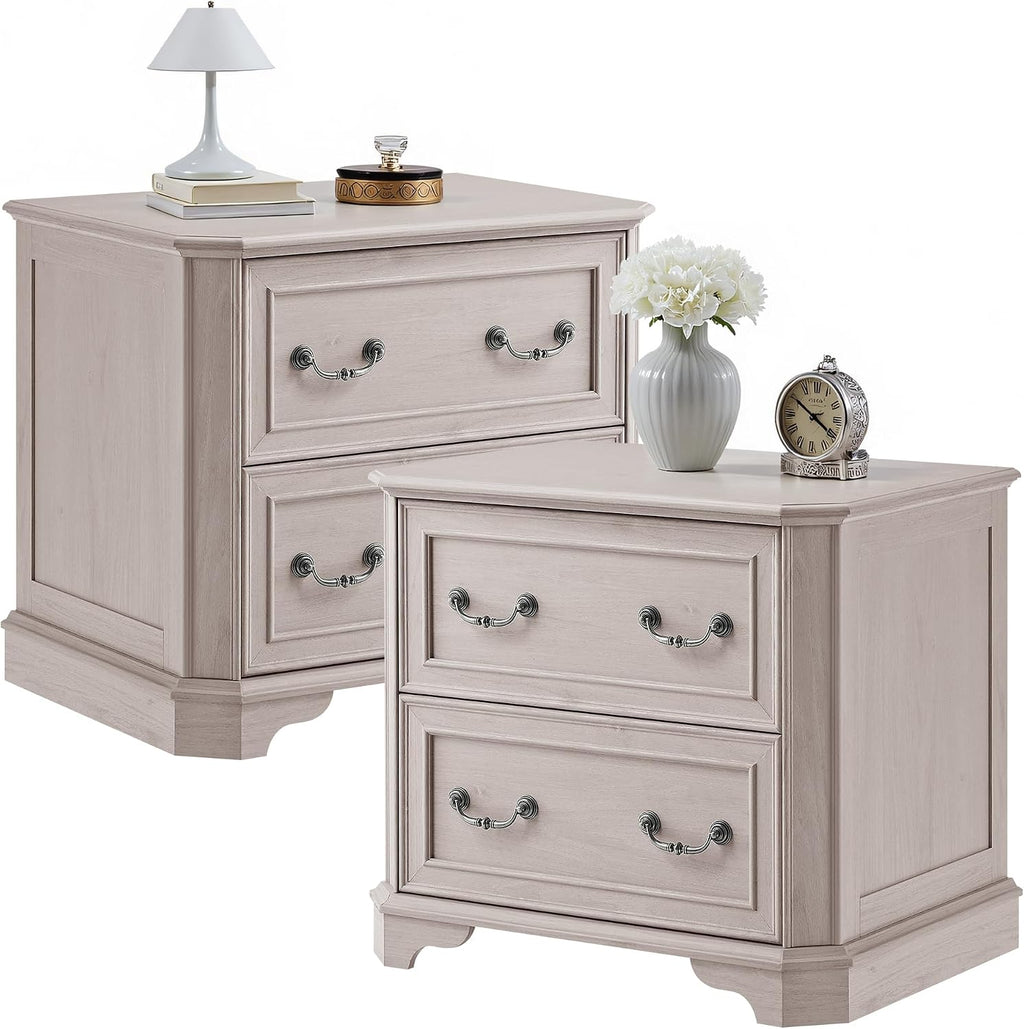 T4TREAM 30" Farmhouse Nightstand Set of 2 w/Charging Station | Large End Table, 2 Spacious Drawers Bedside Table, Wooden Night Stand for Bedroom, Living Room, White Alder