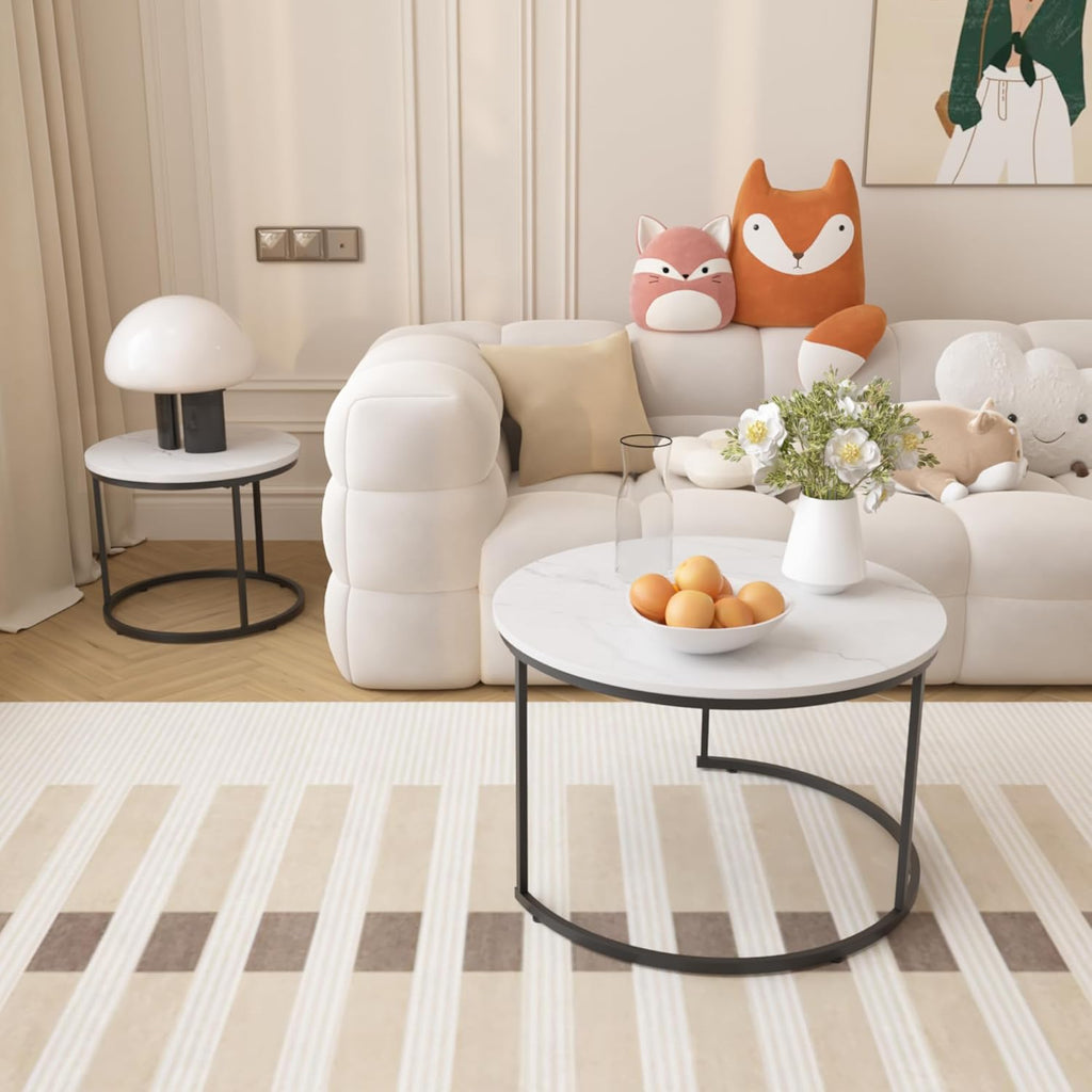 Nesting Coffee Table Set of 2, 27.6 inch Round Side Tables Coffee Table with Wood Marble Pattern Top Sturdy Metal Frame, End Table for Living Room Bedroom Balcony Yard (White B)