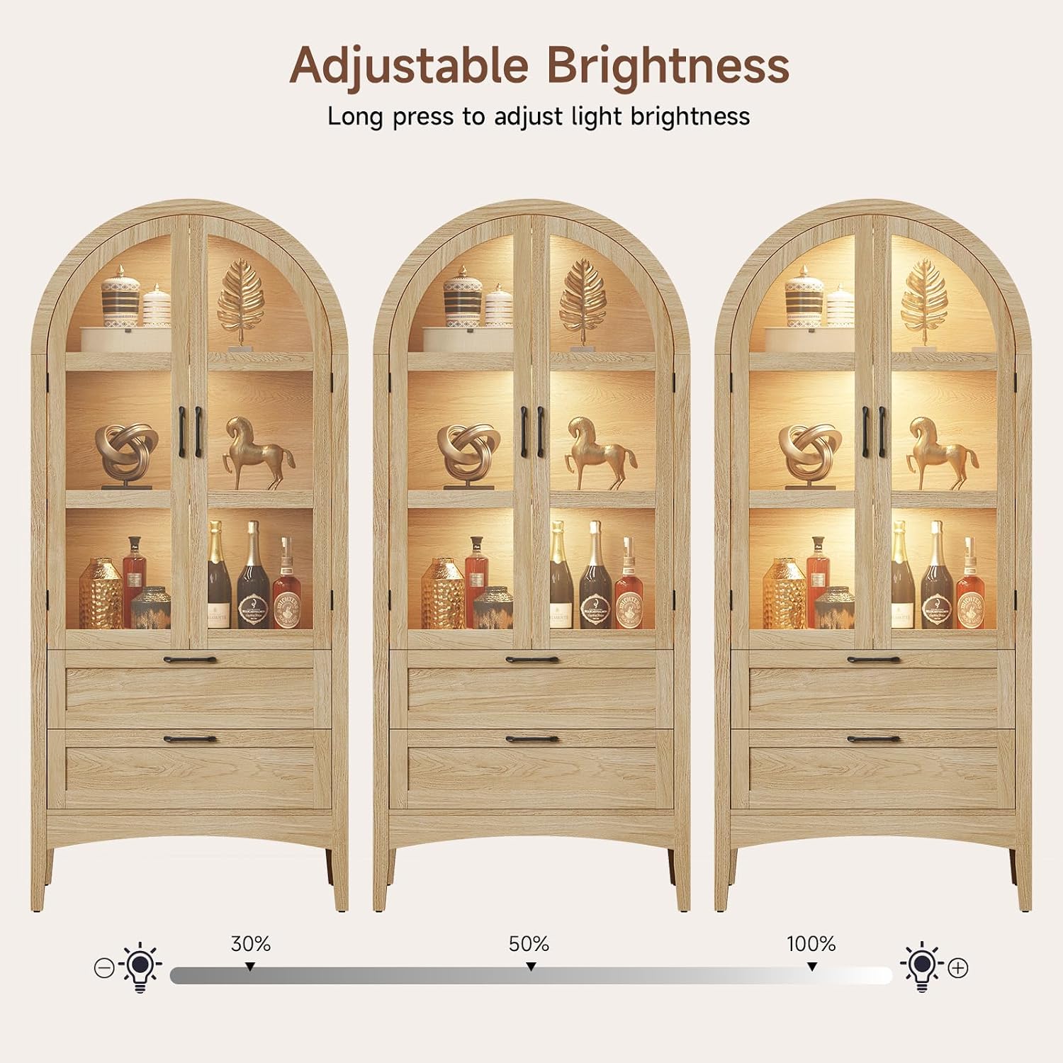 ONBRILL 71" Tall Arched Display Cabinet with LED Lights, Arched Kitchen Pantry with 2 Drawers, Modern Display Storage Cabinets with Adjustable Feet, Pantry Cabinet for Kitchen, Living/Dining Room