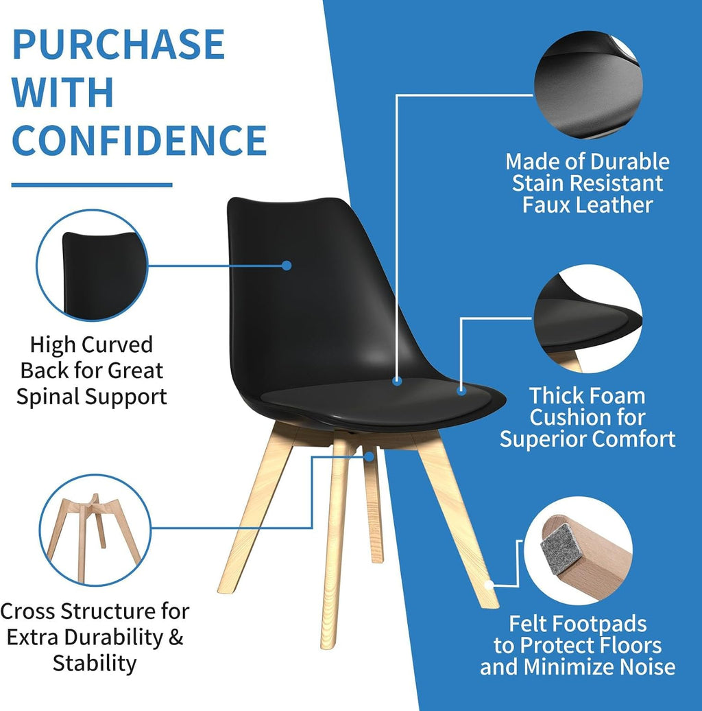 Dining Chairs Set of 8, Mid-Century Kitchen & Dining Room Chairs with Wood Legs and Cushion, Leather Dining Chairs Set for Living Room, Kitchen, Black 8 Pack