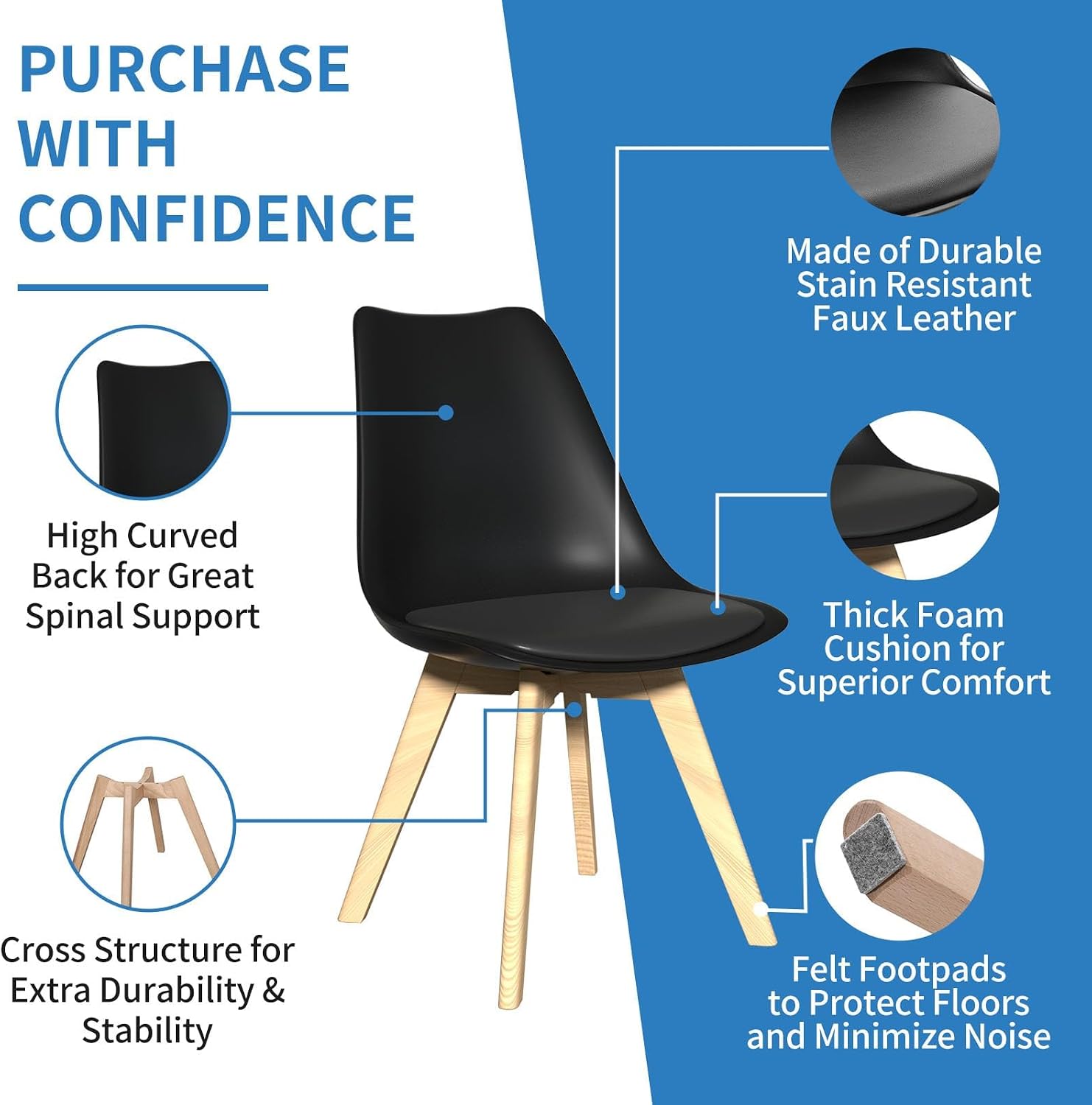 Dining Chairs Set of 8, Mid-Century Kitchen & Dining Room Chairs with Wood Legs and Cushion, Leather Dining Chairs Set for Living Room, Kitchen, Black 8 Pack