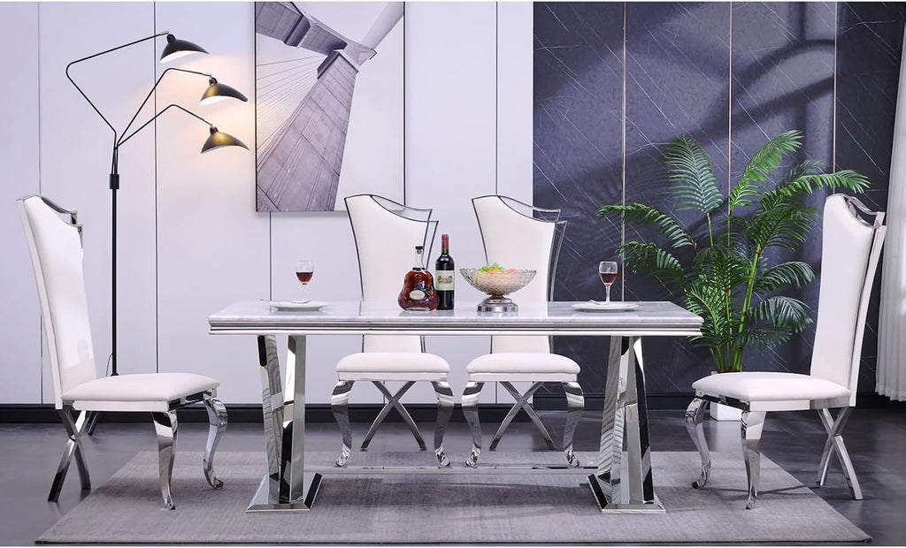 ACEDÉCOR Dining Chairs, White Faux Leather Dining Chairs Set of 6, Gorgeous Streamlined High Back Chair with Silver Mirror Curved and X-Shaped Stainless Steel Legs
