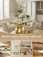69" Rectangle Glass Dining Table Set for 6, Modern Tempered Glass Table with Stainless Steel Legs & Velvet Upholstered Chairs, Suitable for Dining Room, Kitchen, Gold & Beige
