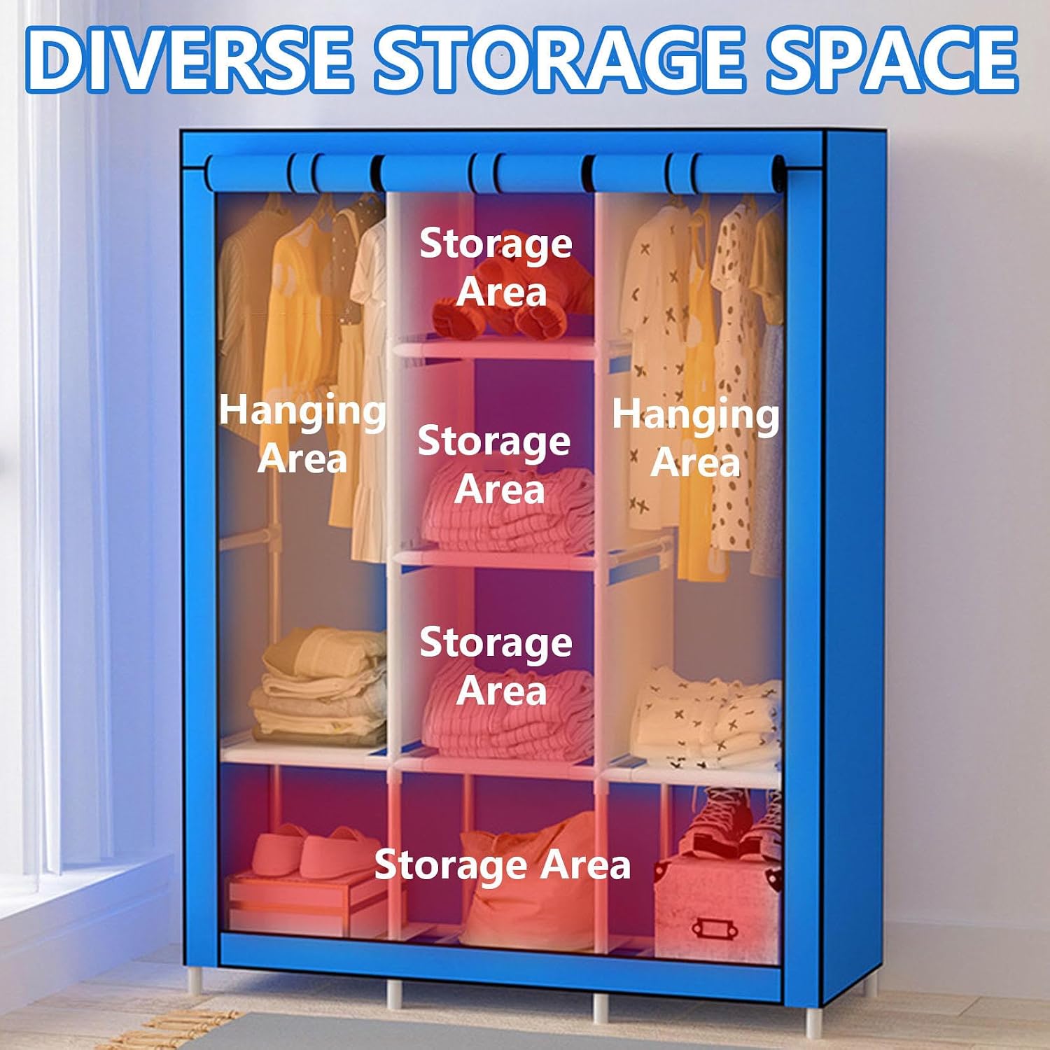 Portable Canvas Wardrobe with Hanging Rail and Shelves - Fabric Wardrobe for Bedroom, Portable Wardrobe Shelves - Organize Your Clothes Easily