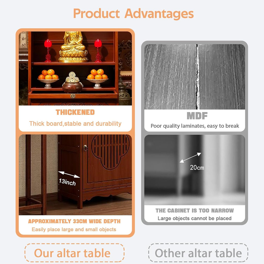 Meditation Altar Table with Storage, Bamboo Buddhist Altar, Shrine Altar Cabinet with Drawers for Worship & Prayer, Suit for Home, Business, Temple (C, 14.9inch)