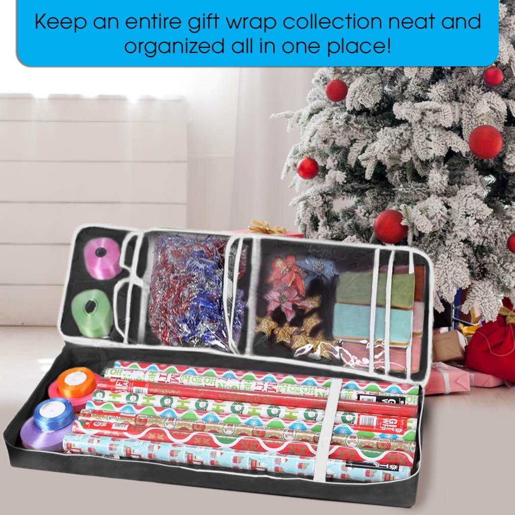 Christmas Gift Wrap Organizer | Wrapping Paper Storage Container Box (37” x 14” x 4”) Constructed of Durable 600D Oxford Material (Black)