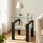 Meihua Glass End Table, Square Glass Side Table, 2-Tier Modern Nightstand with Metal Legs for Living Room&Bedroom (Transparent, 1pc)