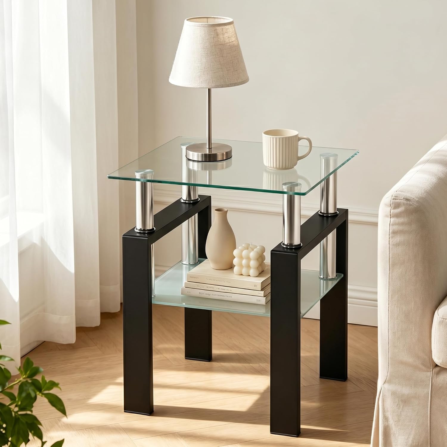 Meihua Glass End Table, Square Glass Side Table, 2-Tier Modern Nightstand with Metal Legs for Living Room&Bedroom (Transparent, 1pc)