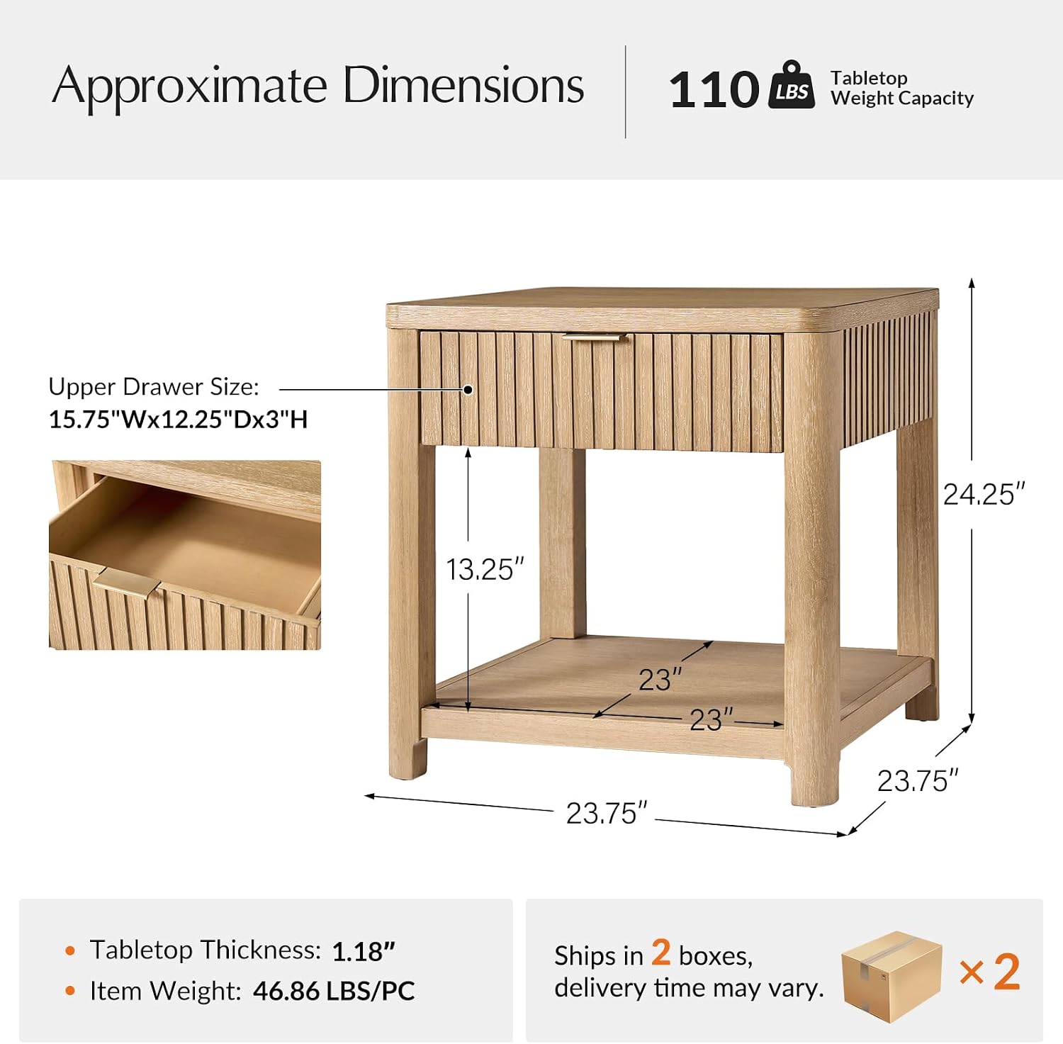 HULALA HOME Rubber Wood Frame End Table with Drawer, 24" Wood Side Table with Open Shelf, Oak Veneer Finish, Fluted Trim(Set of 2, Natural)