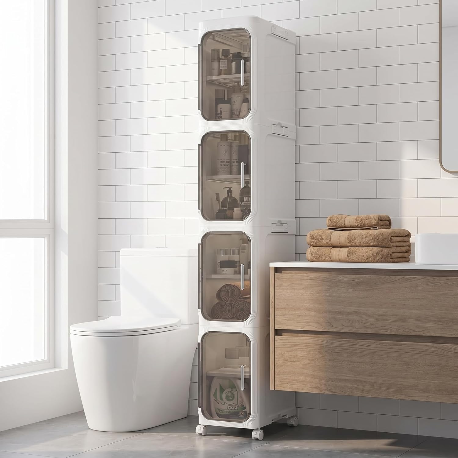 KHNR 4-Tiers Slim Bathroom Storage Cabinet,Narrow Bathroom Storage,Foldable Storage Cabinets,Movable Bathroom Storage Organizer for Small Spaces,Bathroom,White