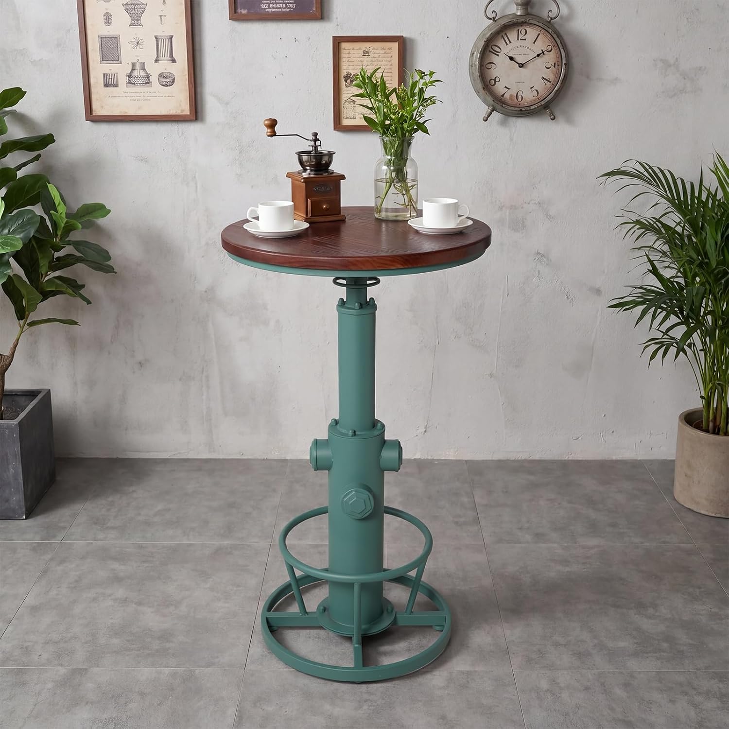 Industrial Bar Table with Round Solid Pine Wood Top, Adjustable Height 38.6-42.5in, Fire Hydrant Design, 360° Swivel, Green