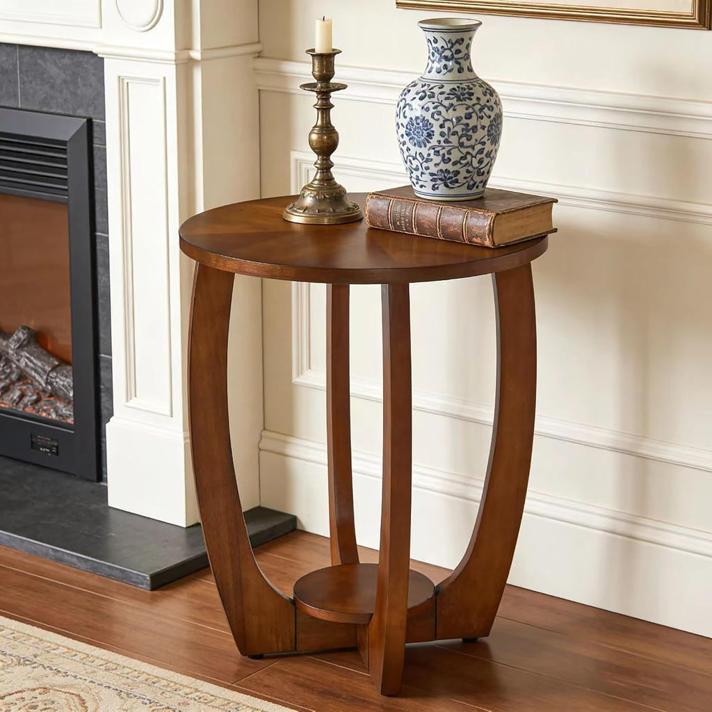 Wood Farmhouse End Table with Storage Shelf, 2-Tier Side Table with Curved Legs & Lower Removable Shelf, Accent Table for Living Room, Walnut Finish & Easy Assembly, Dark Brown