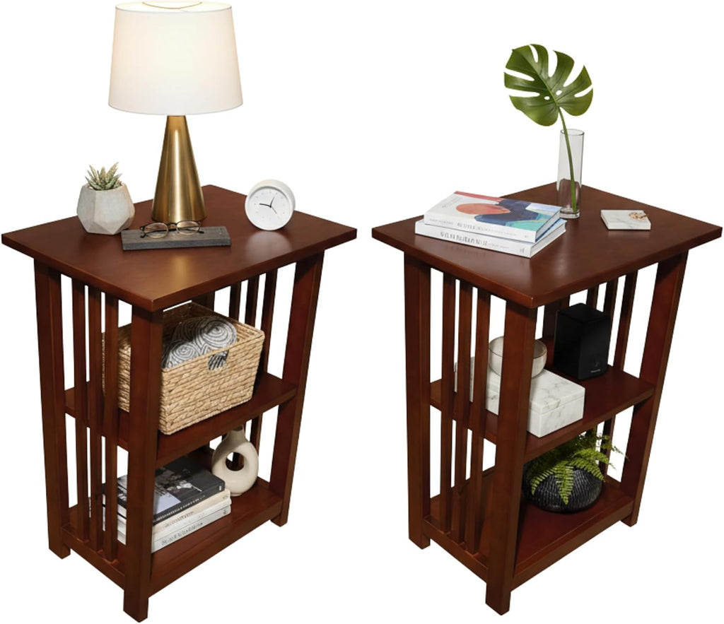 Alaterre Furniture Mission 3-Tier End Table Set of 2 – Craftsman Style Wood Side Table with Vertical Slat Side Panels and Open Storage for Living Room, Bedroom, or Cozy Reading Nook (Cherry)