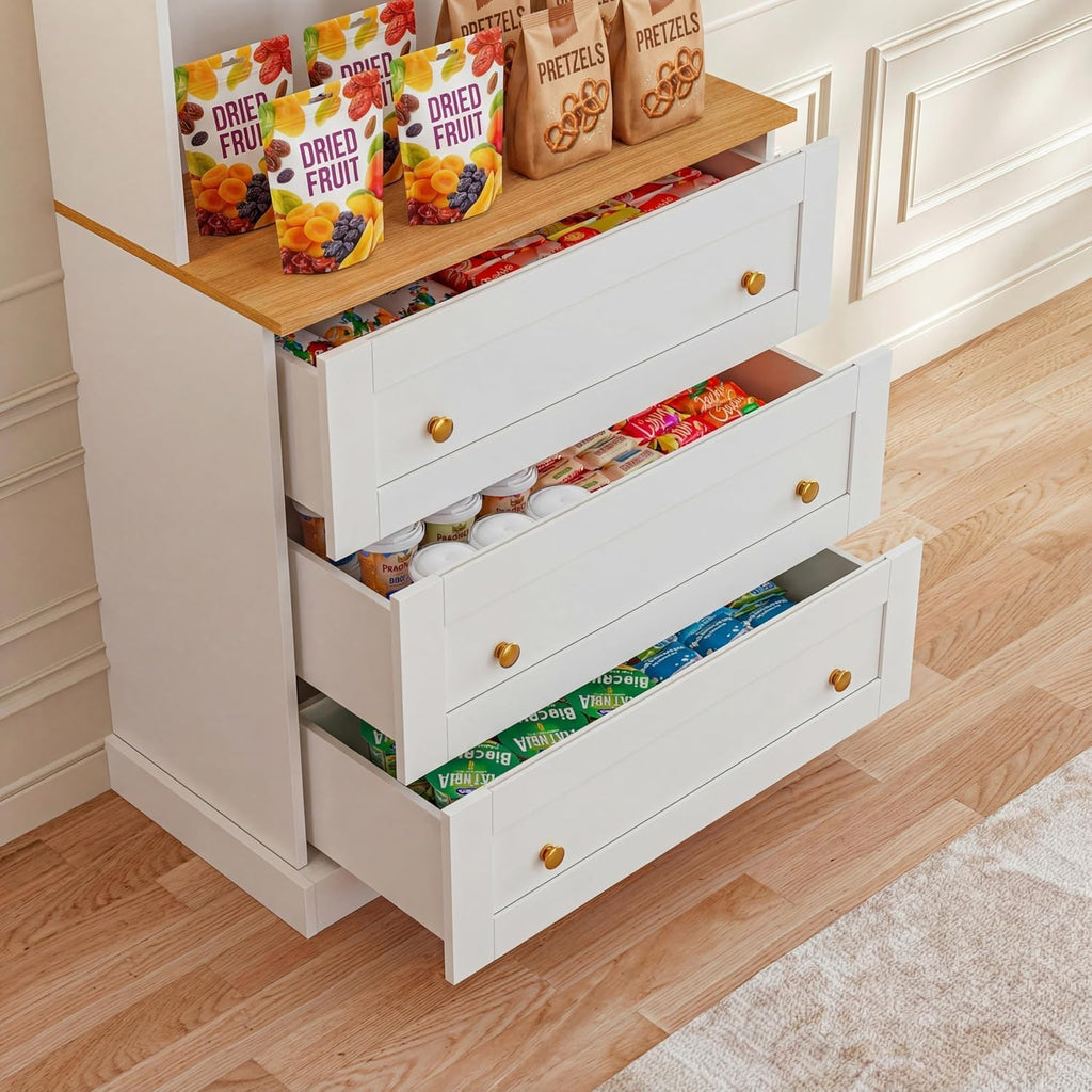 71" Farmhouse Kitchen Pantry Cabinet with Drawers, White Freestanding Coffee Bar Hutch with Microwave Stand, Large Storage Cabinet with Adjustable Shelves for Living Room and Kitchen