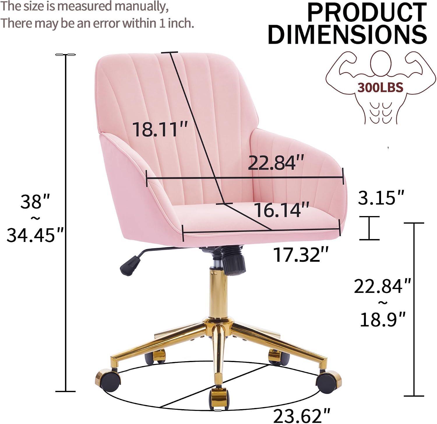 YISHENG Velvet Office Desk Chair with Gold Base, with Wheels,Modern Height Adjustable 360 Degree Swivel Upholstered Vanity Chairs with Arms for Living Room Bedroom,Pink