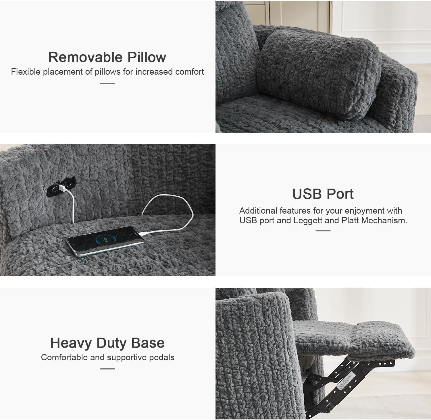 Nursery Rocking Chair, Boucle Upholstery Recliner with 2 Pillow, Swivel Glider Reclinerr, Power Reclining Sofa Chair for Living Room/Office/Apartment/Dark Gray