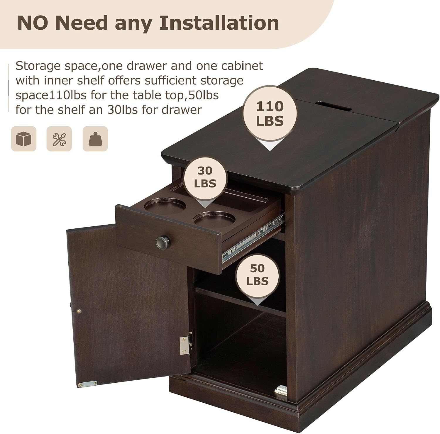 Traditional Wood End Table with Charging Station, Modern Vintage Sofa Chair Side Table Nightstand with Storage & Drawer for Living Room Bedroom, No Assembly, Antique Espresso