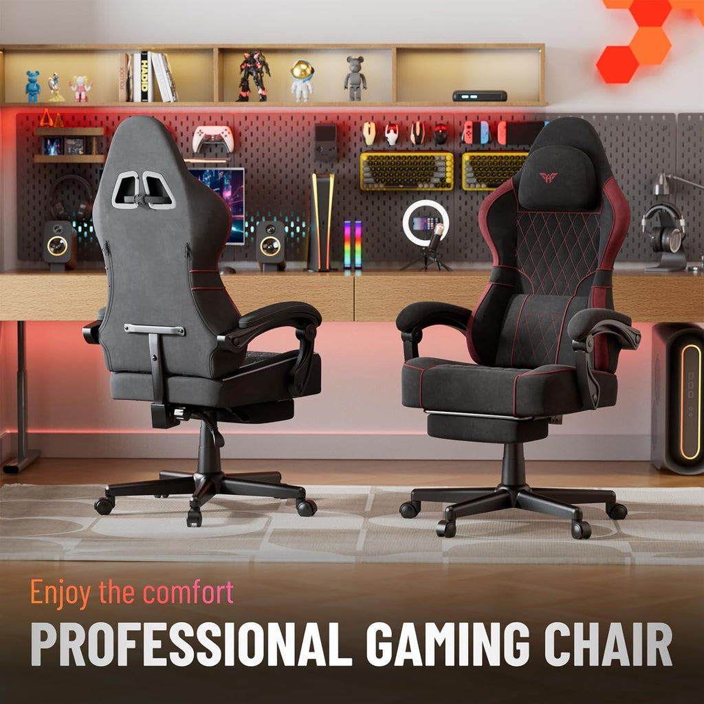 Ferghana Velvet Fabric Ergonomic Gaming Chair with Footrest and Linkage Armrest, High Back Computer Game Chair with Massage Lumbar Support for Adult(Black/Red)
