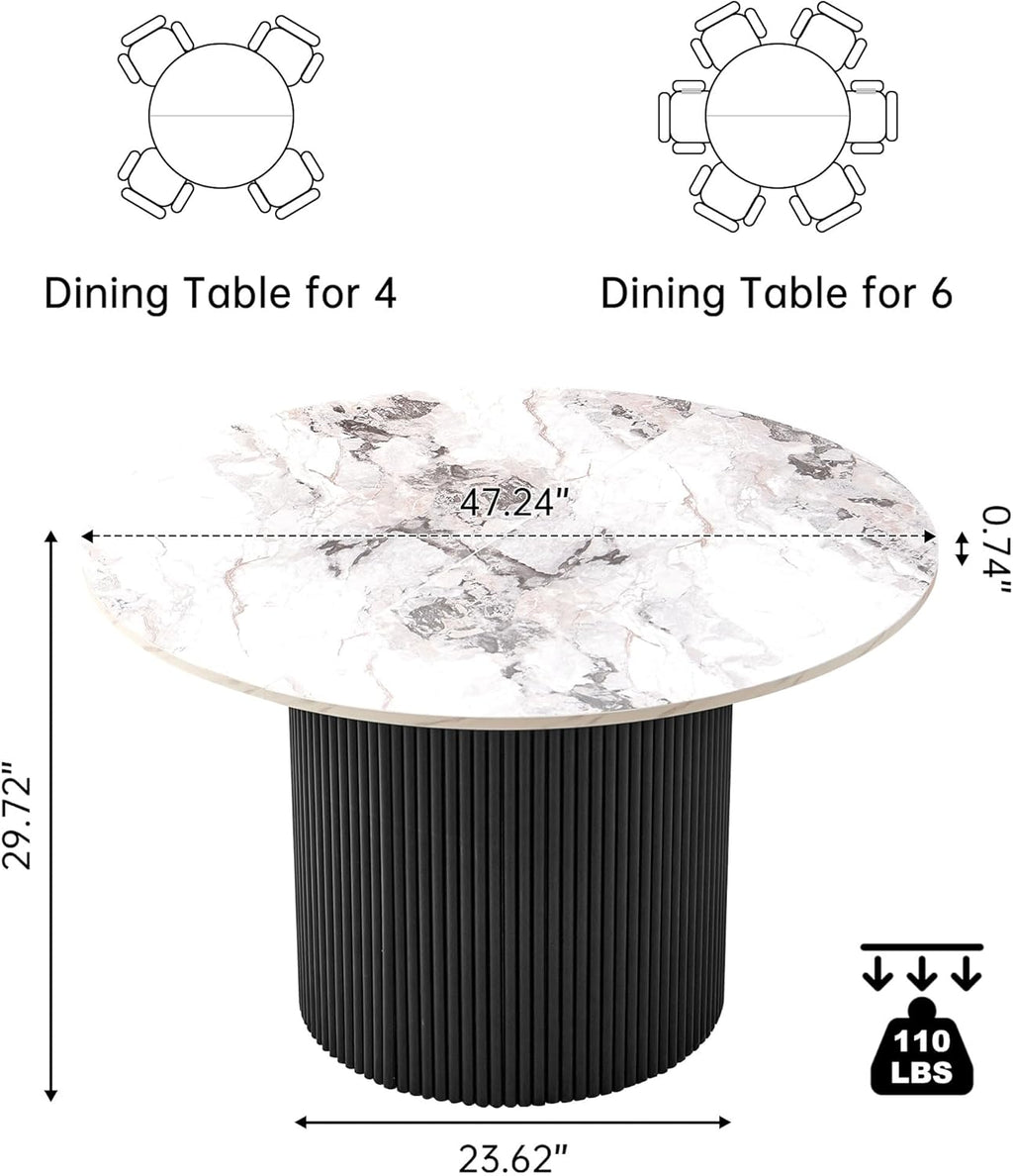Modern Round Kitchen Table for 4, 47" White Dining Table, Circle Dining Room Table, Dinner Coffee Table with White Marble Effect Tabletop, Wood Strips Pedestal Base for Living Room