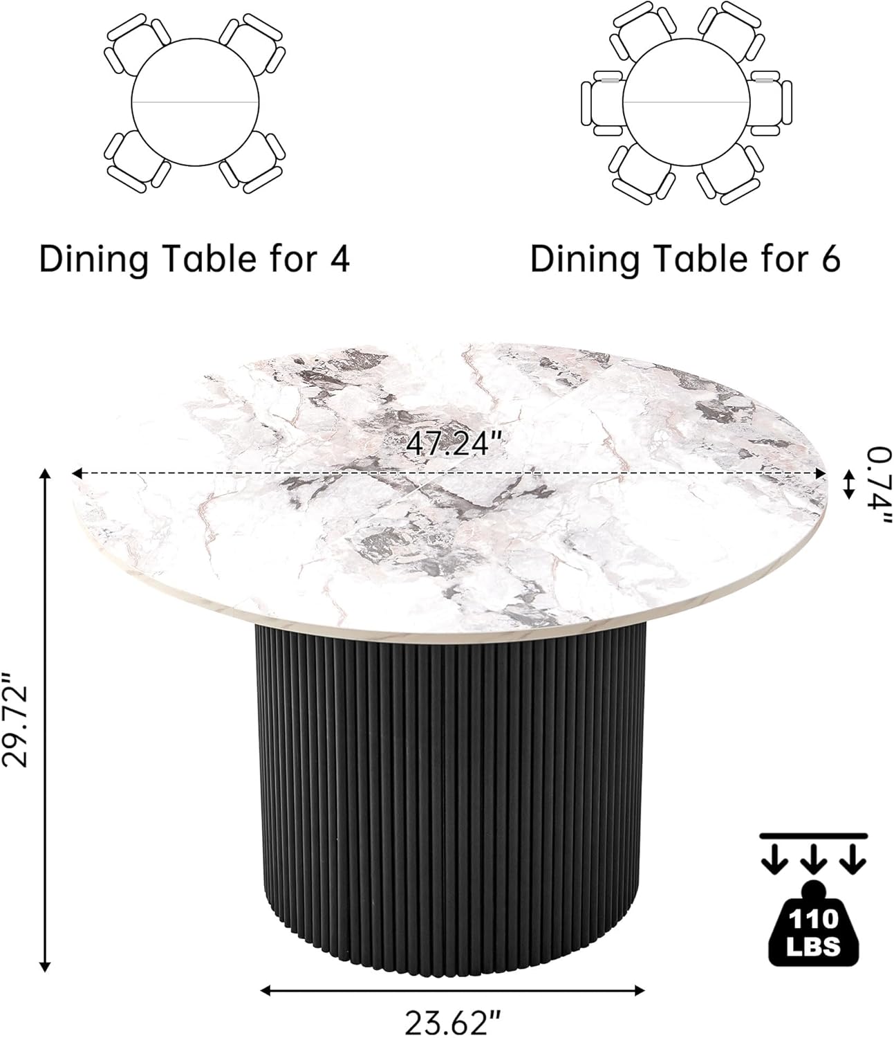 Modern Round Kitchen Table for 4, 47" White Dining Table, Circle Dining Room Table, Dinner Coffee Table with White Marble Effect Tabletop, Wood Strips Pedestal Base for Living Room