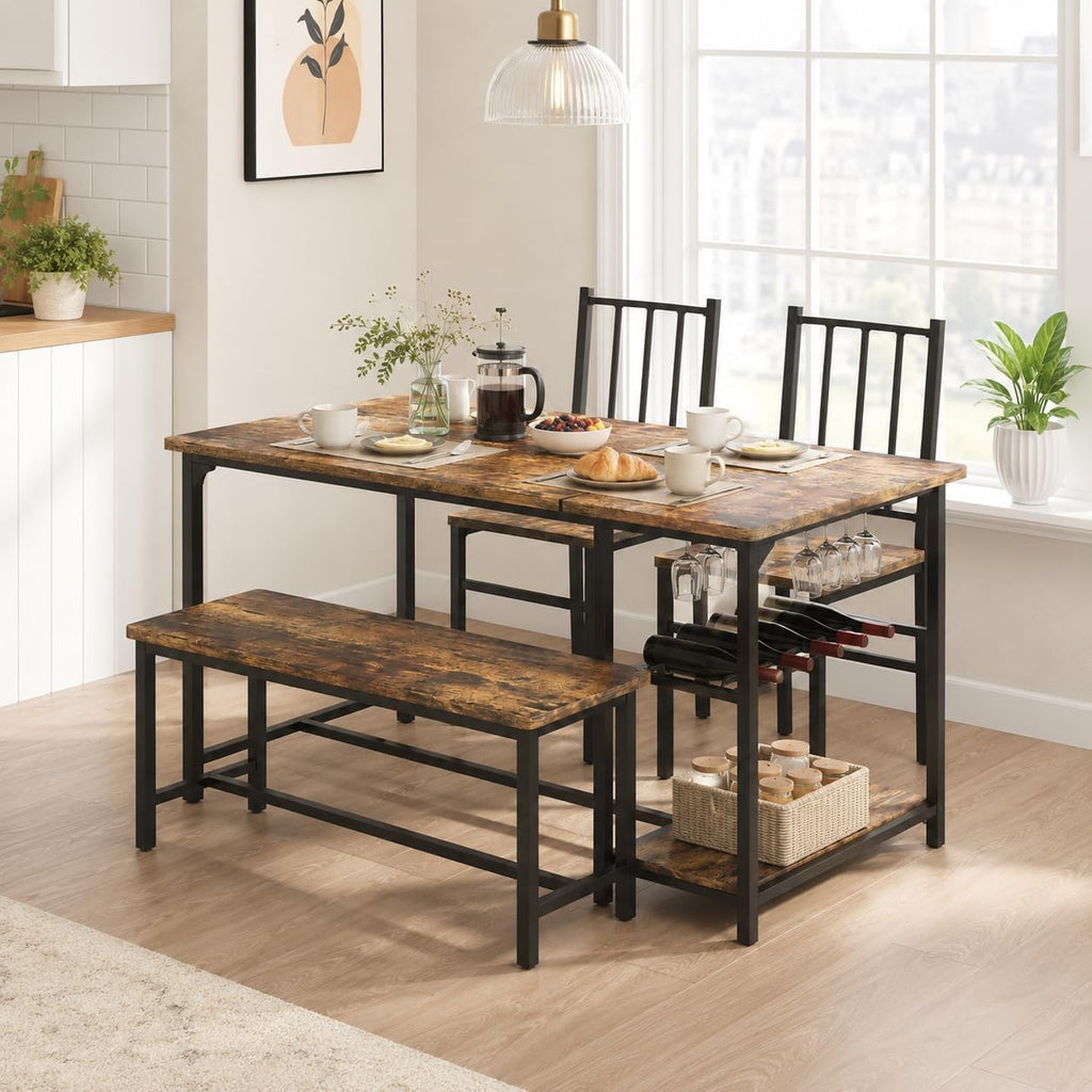 Dining Table Set for 4 with Bench, 55" Kitchen Table and Chairs Set with Wine Rack, Glass Holder & Storage Shelves, Space Saving Dining Room Table Set for Small Kitchen, Apartment, Rustic Brown