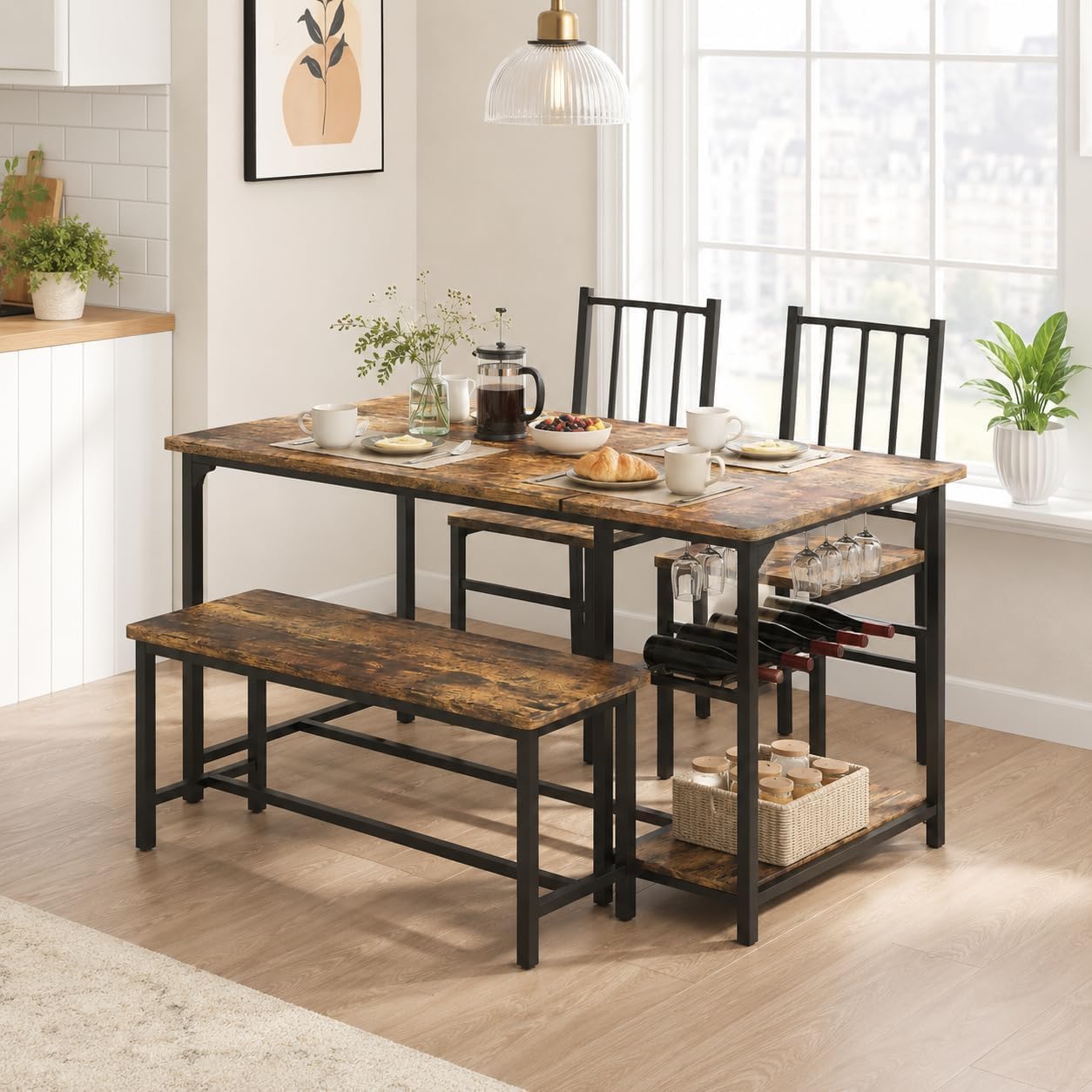 Dining Table Set for 4 with Bench, 55" Kitchen Table and Chairs Set with Wine Rack, Glass Holder & Storage Shelves, Space Saving Dining Room Table Set for Small Kitchen, Apartment, Rustic Brown