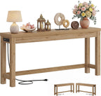 Cyclysio 63" Console Tables for Entryway, Long Console Tables for Living Room, Behind Couch Table, Sturdy Wood Support Farmhouse Entryway Table with 3AC+2USB Charging‌ Station, Natural Oak