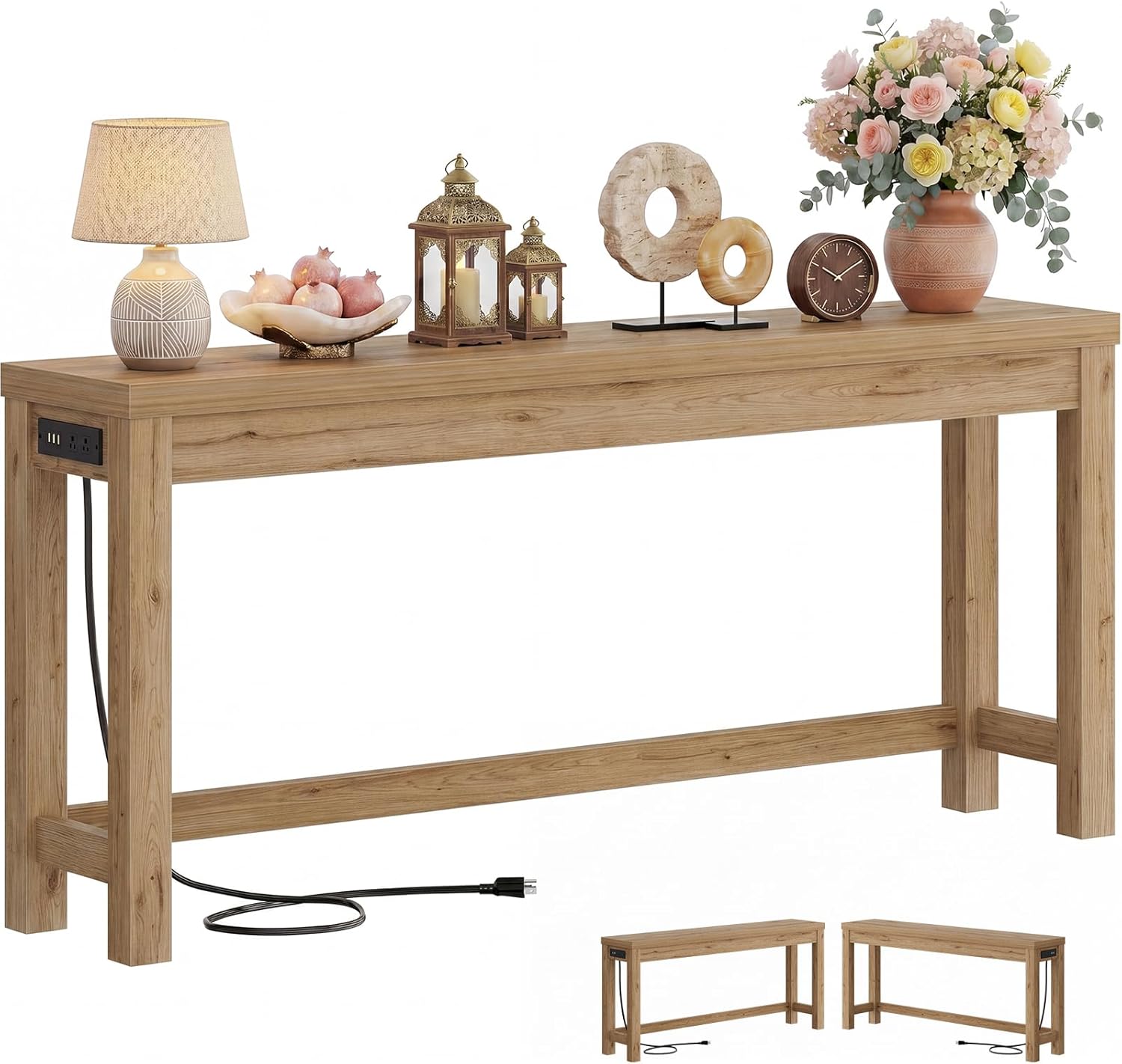 Cyclysio 63" Console Tables for Entryway, Long Console Tables for Living Room, Behind Couch Table, Sturdy Wood Support Farmhouse Entryway Table with 3AC+2USB Charging‌ Station, Natural Oak