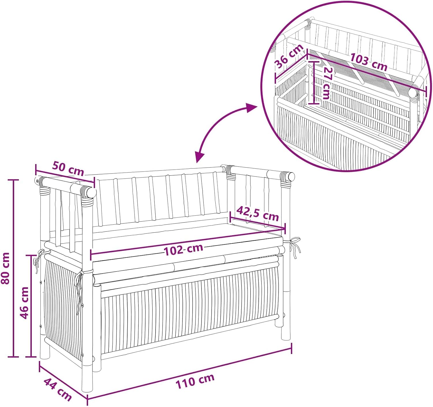 Natural Bamboo Garden Storage Bench 110x47x80 cm, Outdoor Patio Seat with Hidden Storage Compartment, Post Leg Design for Modern or Rustic Decor, Easy Assembly Required