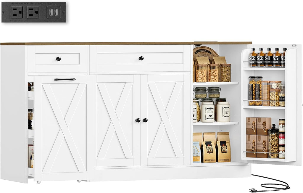HOSTACK Multifunctional Storage Cabinet - 59" Buffet Cabinet with Charging Station, Large Kitchen Buffet Sideboard with Rolling Cart, Farmhouse Coffee Bar Cabinet with Drawers for Kitchen, White