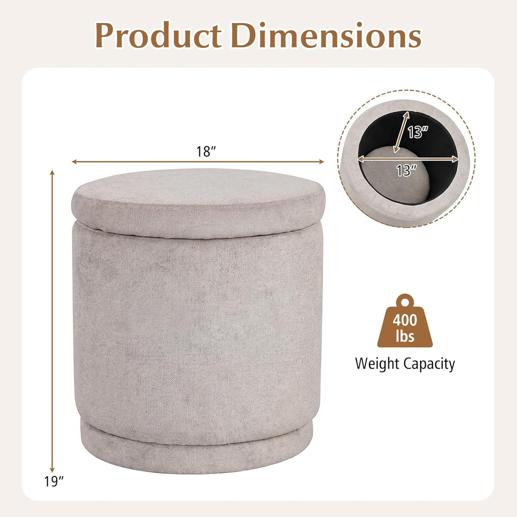 Giantex Round Ottoman with Storage, Chenille Fabric Vanity Stool with Removable Lid, Acacia Wood Frame, Ottoman Foot Rest for Living Room, Bedroom, Makeup Room No Assembly (Beige)