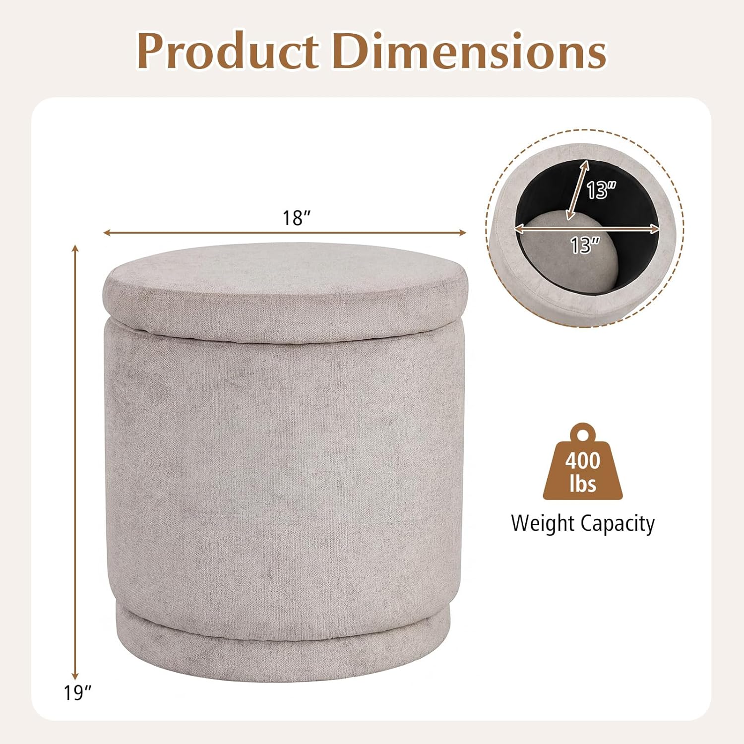 Giantex Round Ottoman with Storage, Chenille Fabric Vanity Stool with Removable Lid, Acacia Wood Frame, Ottoman Foot Rest for Living Room, Bedroom, Makeup Room No Assembly (Beige)