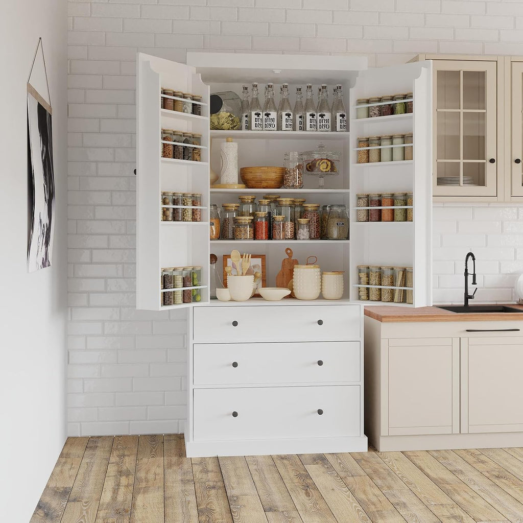 77inch Kitchen Pantry, Freestanding Tall Cupboard Storage Cabinet with 3 Adjustable Shelves, 8 Door Shelves, 3 Drawers for Kitchen, Dining Room White