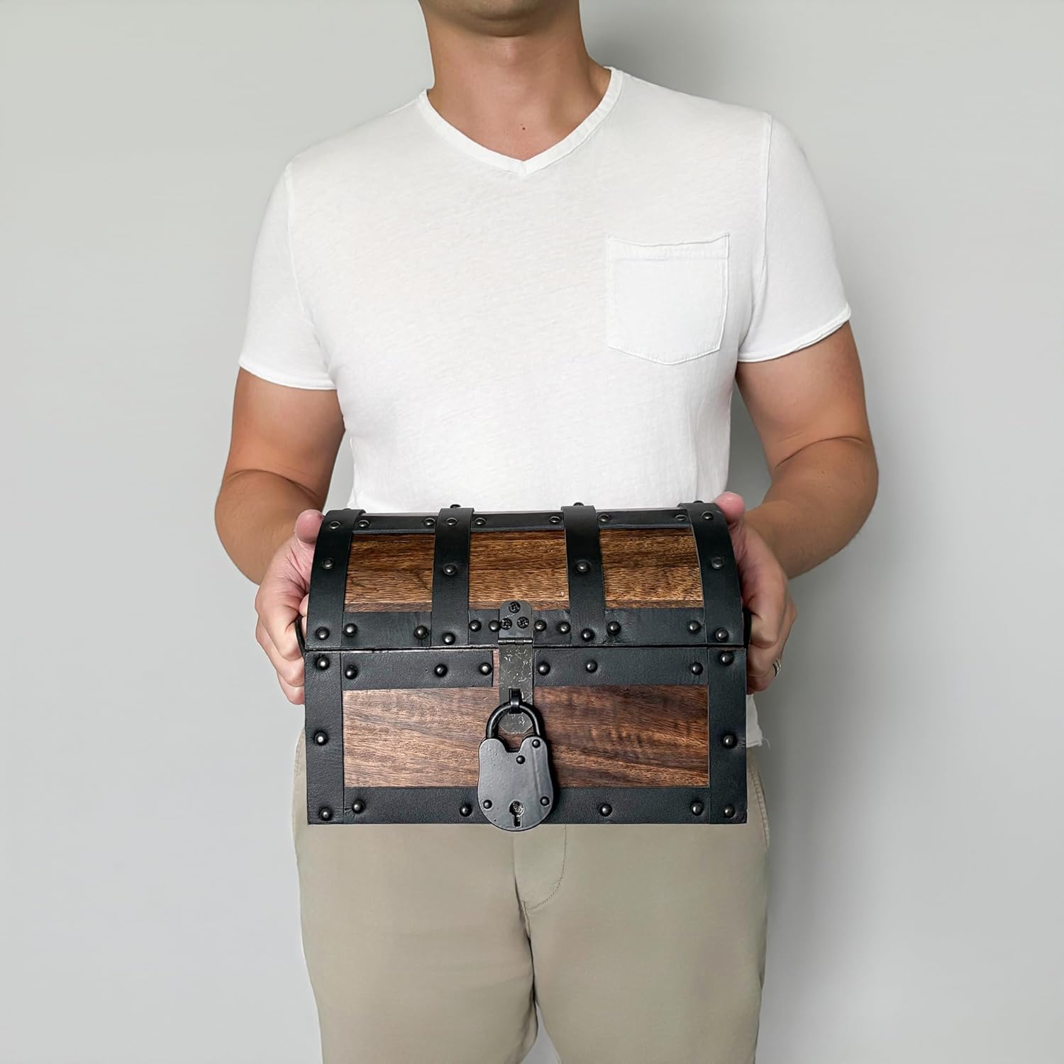 Nautical Cove Handmade Wooden Treasure Chest Storage Box – Deluxe Design with Real Leather Accents, Working Iron Lock & Skeleton Keys, Decorative Keepsake Chest (Medium - 10 x 7 x 7)