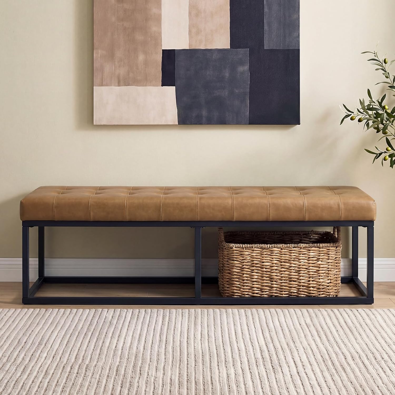 60.5" Faux Leather Bench with Button Tufted Seat, Mid-Century Modern Upholstered End of Bed Bedroom Benches, Oversized Entryway & Dining Room Ottoman with Metal Base, Camel