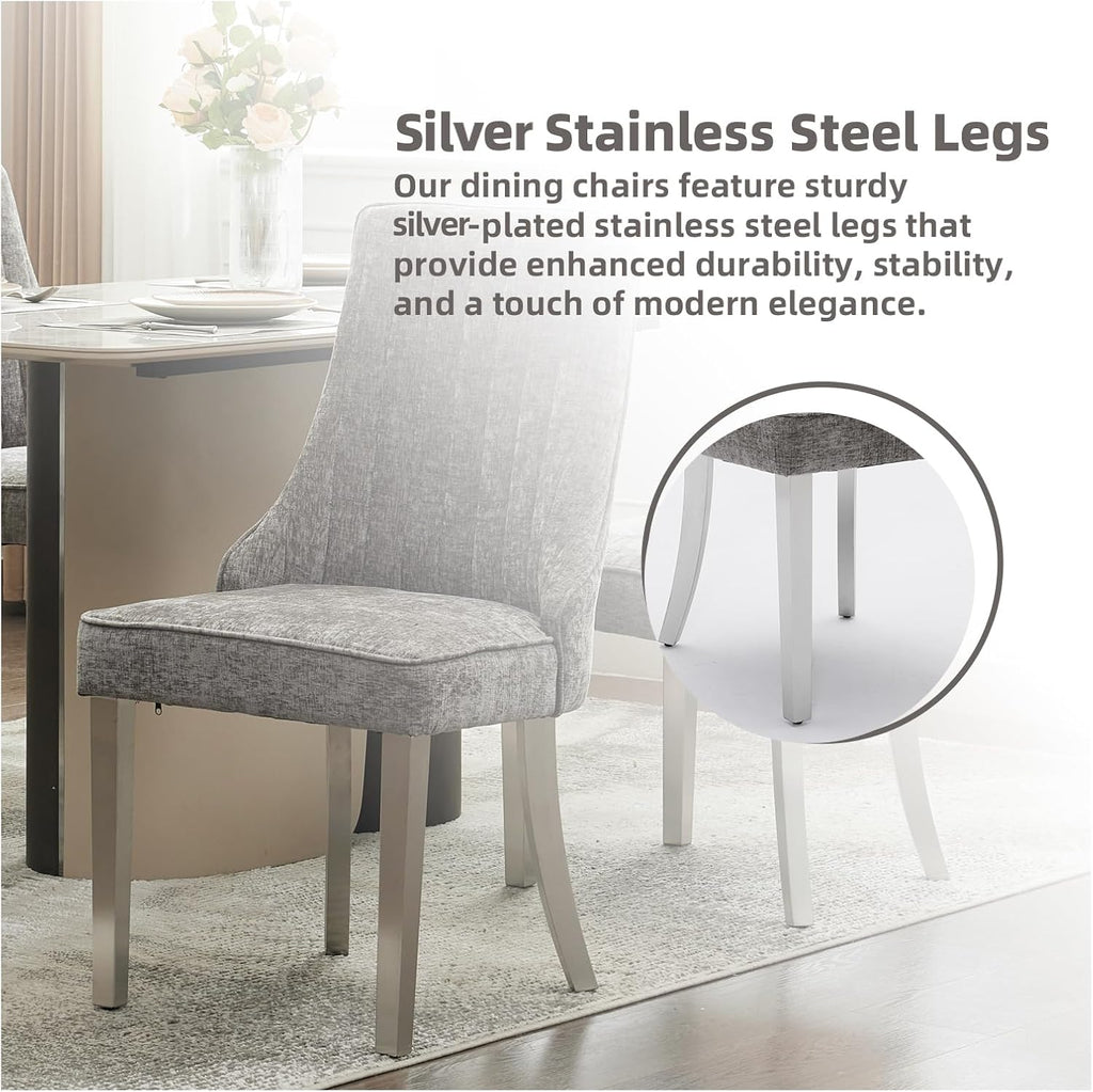 Dining Chairs Set of 4，Modern Channel Tufted Upholstered Dining Chairs with Silver Stainless Steel Legs, Comfortable Chenille Fabric Kitchen Chairs for Dining Room (Grey, 4pc)