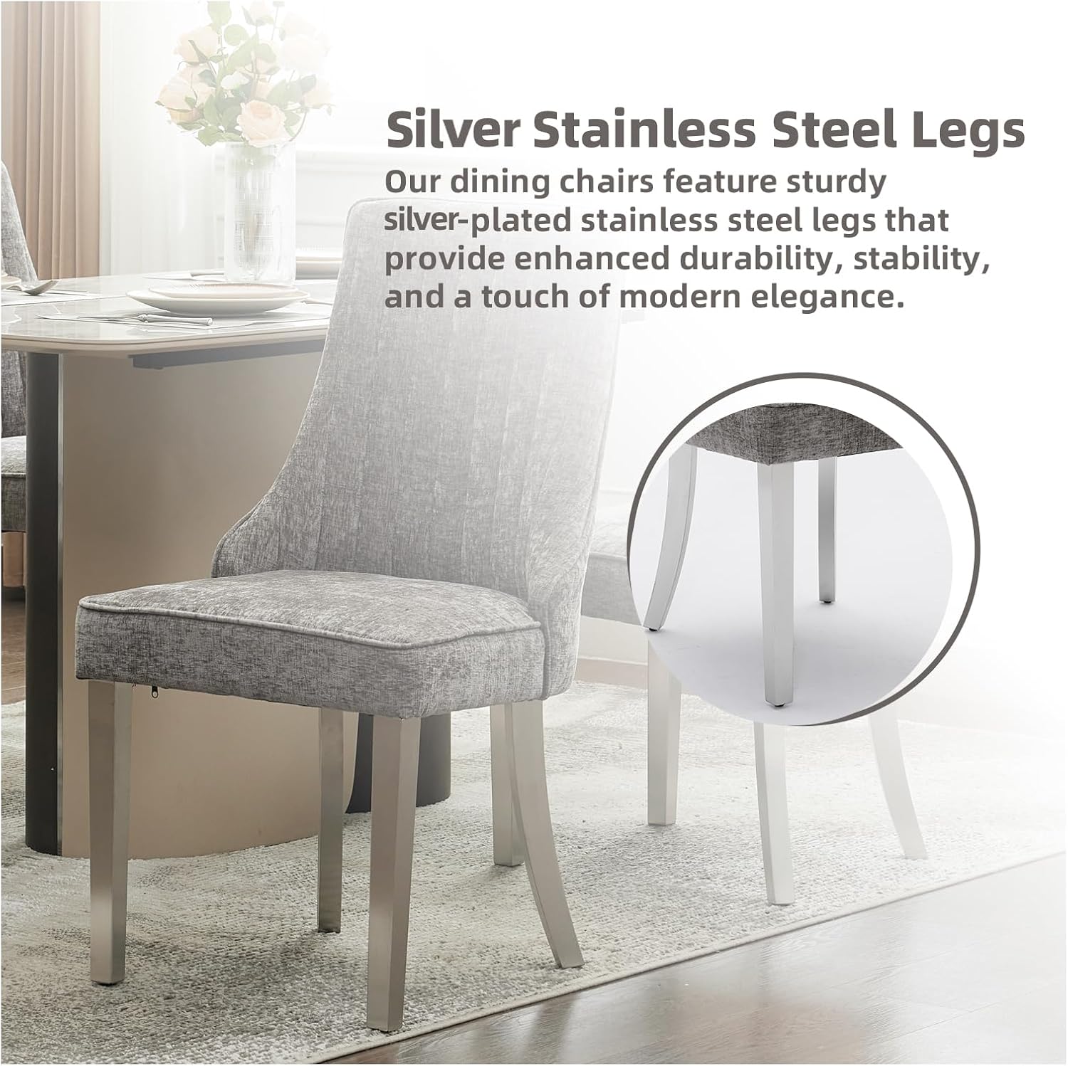 Dining Chairs Set of 4，Modern Channel Tufted Upholstered Dining Chairs with Silver Stainless Steel Legs, Comfortable Chenille Fabric Kitchen Chairs for Dining Room (Grey, 4pc)