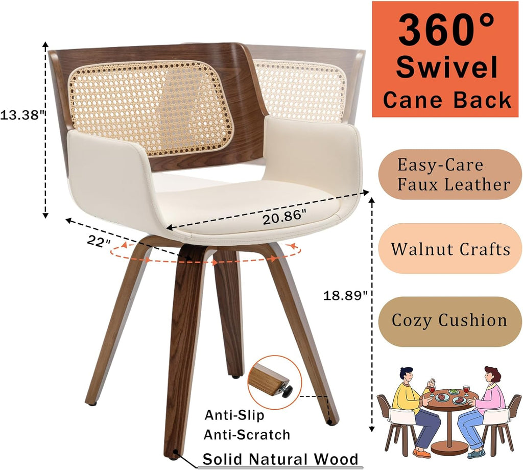 Set of 2 Swivel Dining Chairs - MCM Dining Chairs with Curved Arms, Ergonomic Cane Back, Bentwood Frame, Dining Room Chairs for Kitchen/Conference/Restaurant/Living Room (Walnut Beige)