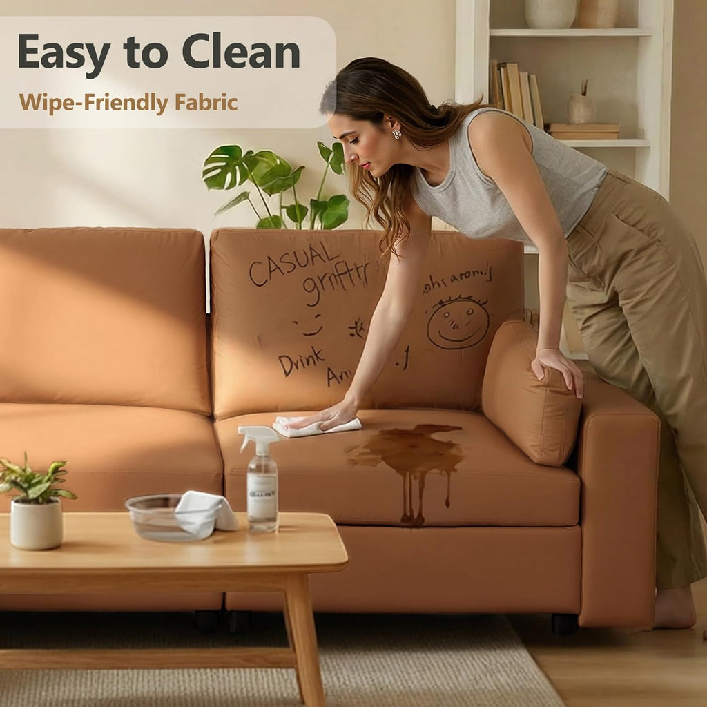 Leather Sectional Sofa, 117" Oversized Modular Sectional Couch, Deep Seat Scratch Resistant Faux Leather Couches, Wide L Shaped Vegan Leather Sofa, (Brown, 3-Seater & Ottoman)