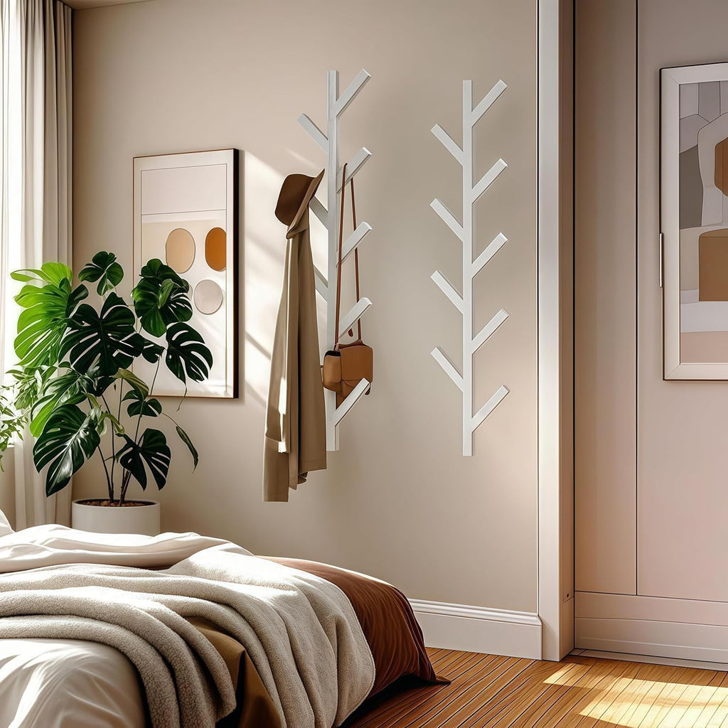 Vlush 2Pack Wall Mounted Coat Rack - 9 Hooks, Modern Metal Design, for Hats, Coats and Bags - Suitable for Entryways and Bedrooms - White (37.9" Height)