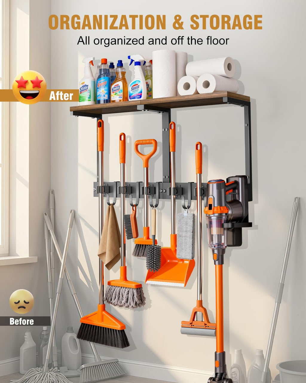 Supforce Broom Holder Wall Mount with Top Wooden Shelf, Heavy Duty Metal Cleaning Supplies Broom Hanger with Vacuum Organizer and 5 Slots & 5 Hooks for Laundry Garage Tool Storage Kitchen (Large)