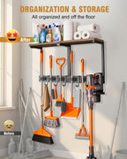 Supforce Broom Holder Wall Mount with Top Wooden Shelf, Heavy Duty Metal Cleaning Supplies Broom Hanger with Vacuum Organizer and 5 Slots & 5 Hooks for Laundry Garage Tool Storage Kitchen (Large)
